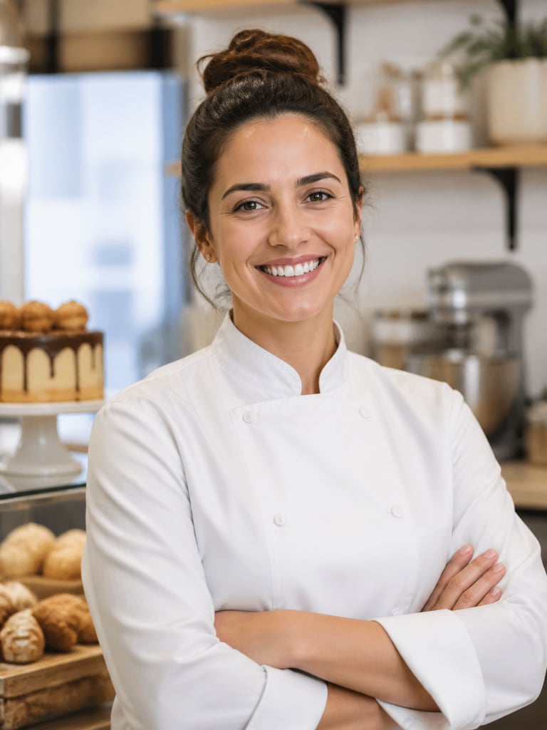 Clean AI pastry chef headshot of an adult baker in a bright kitchen for bakery branding and press materials