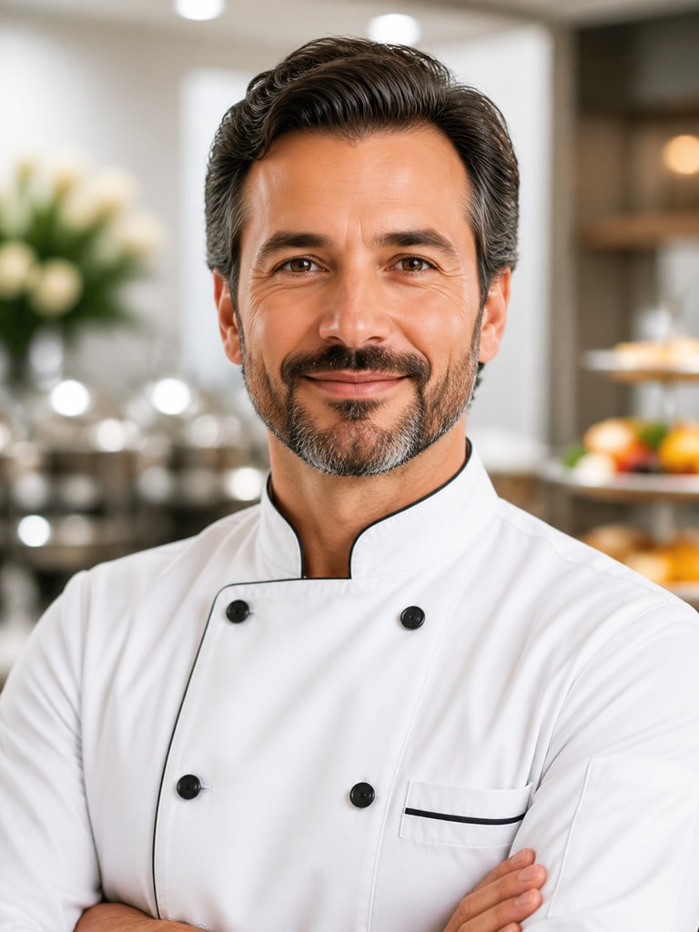 Confident AI headshot of an adult catering chef in branded attire for brochures and hospitality presentations