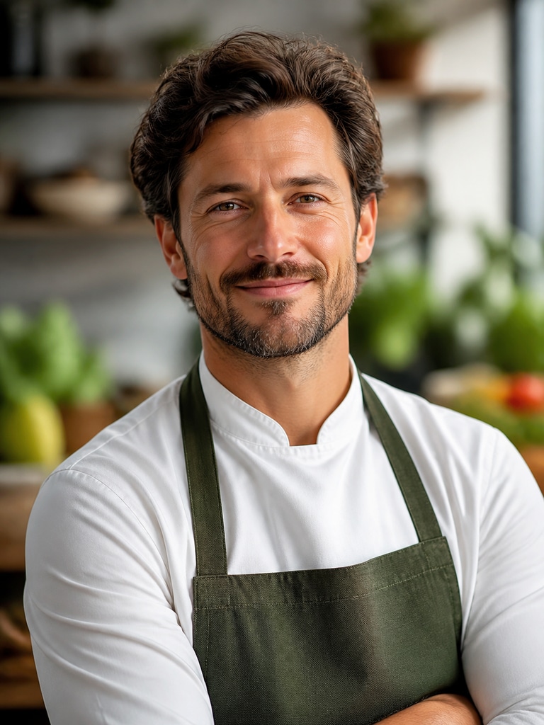 Natural-looking AI headshot of an adult farm-to-table chef for culinary press kits and brand storytelling