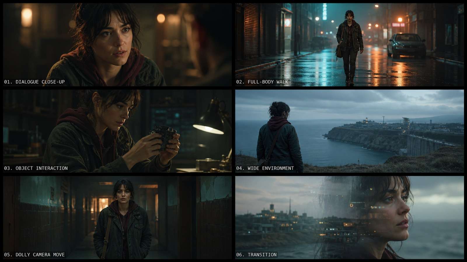 Six cinematic test shots covering close-up walk object interaction environment camera move and transition