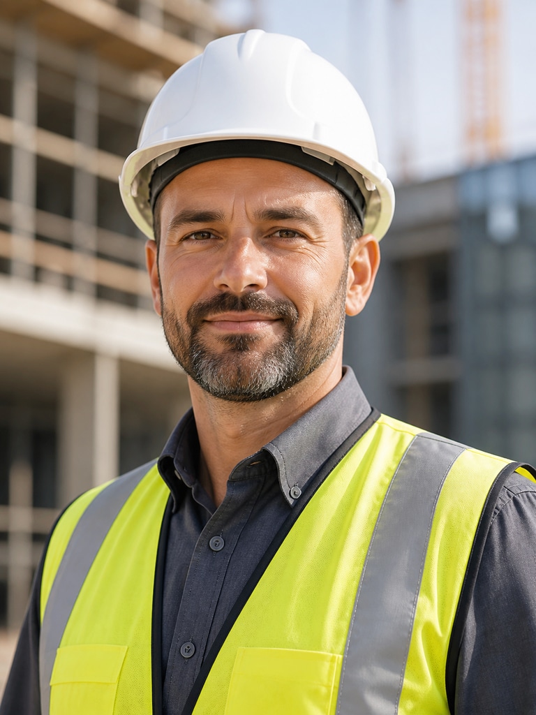 AI construction site supervisor headshot in a hard hat and high-visibility vest