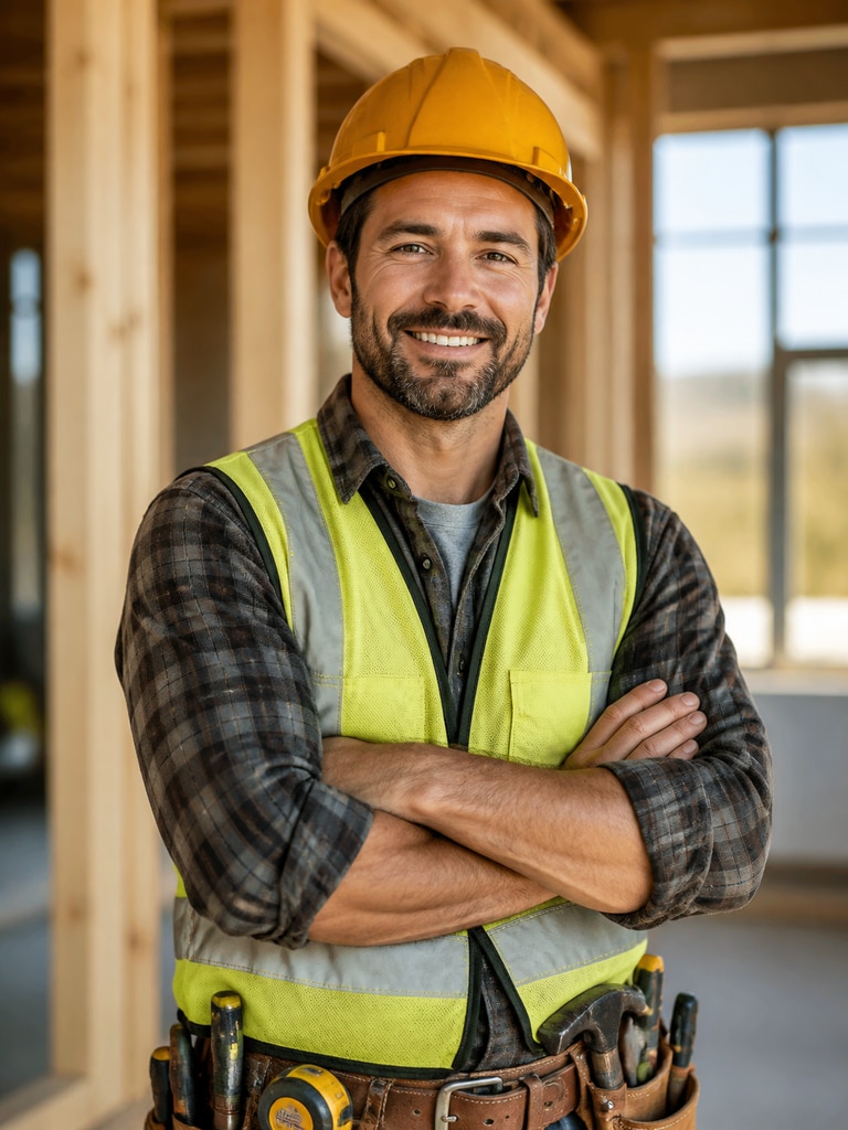 Realistic carpenter portrait for a contractor bio page with a tool belt and workwear
