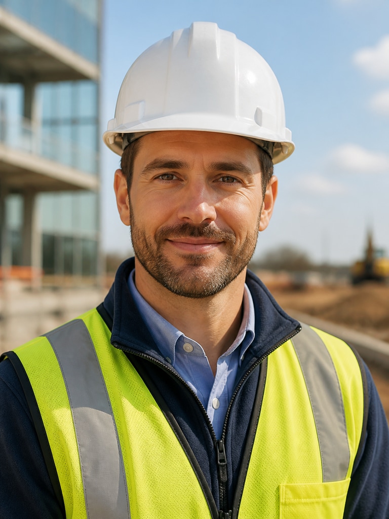 Clean AI construction worker portrait for a company team directory and website bio