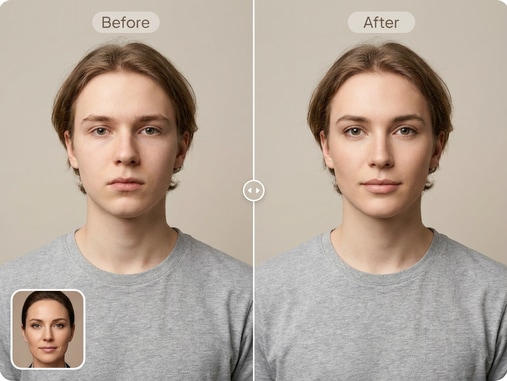 Group photo before and after AI deepfake transformation