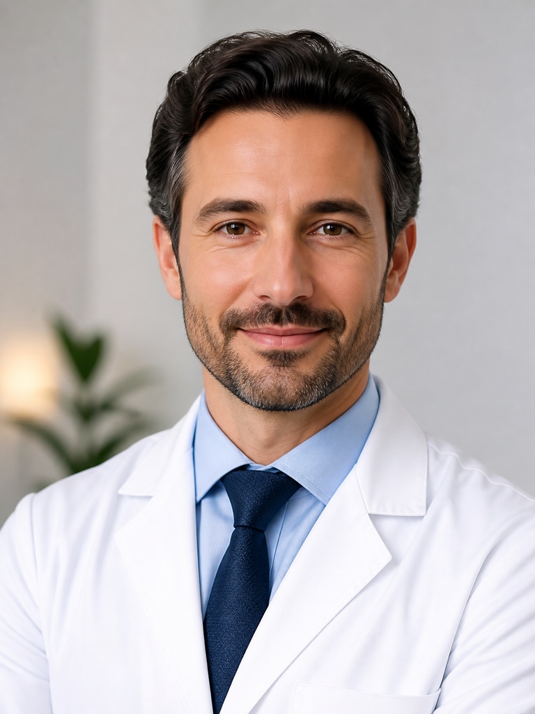 AI family medicine doctor headshot for a clinic bio page with a white coat and welcoming expression