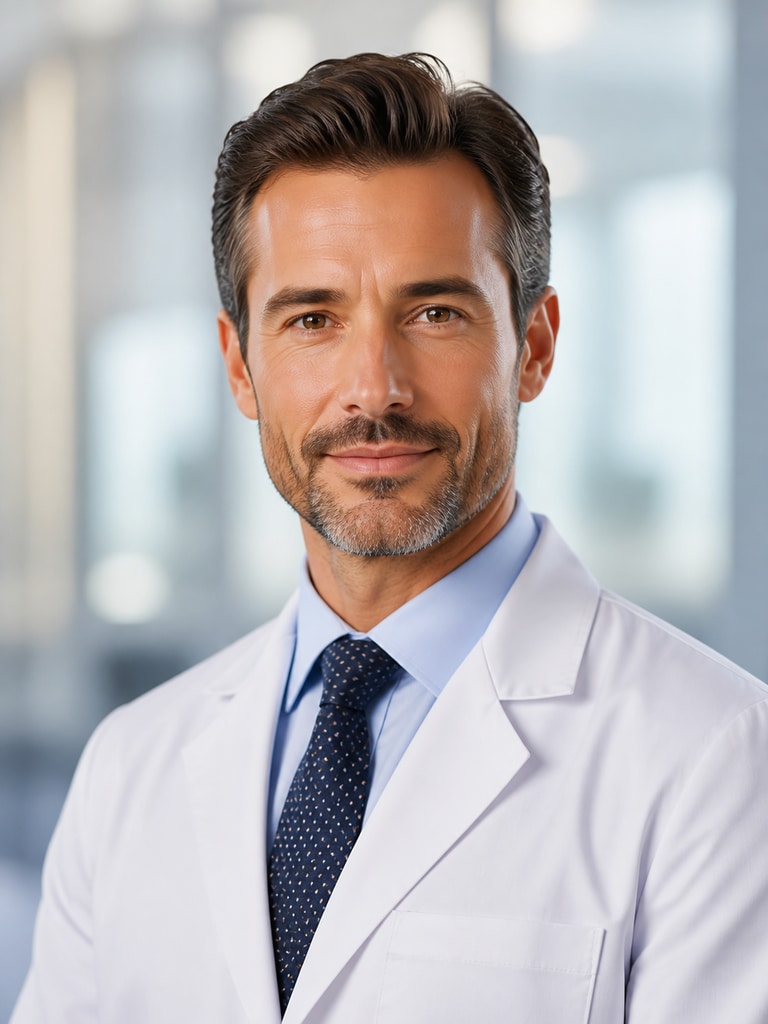 AI hospital specialist headshot for a directory listing with professional medical attire and neutral backdrop
