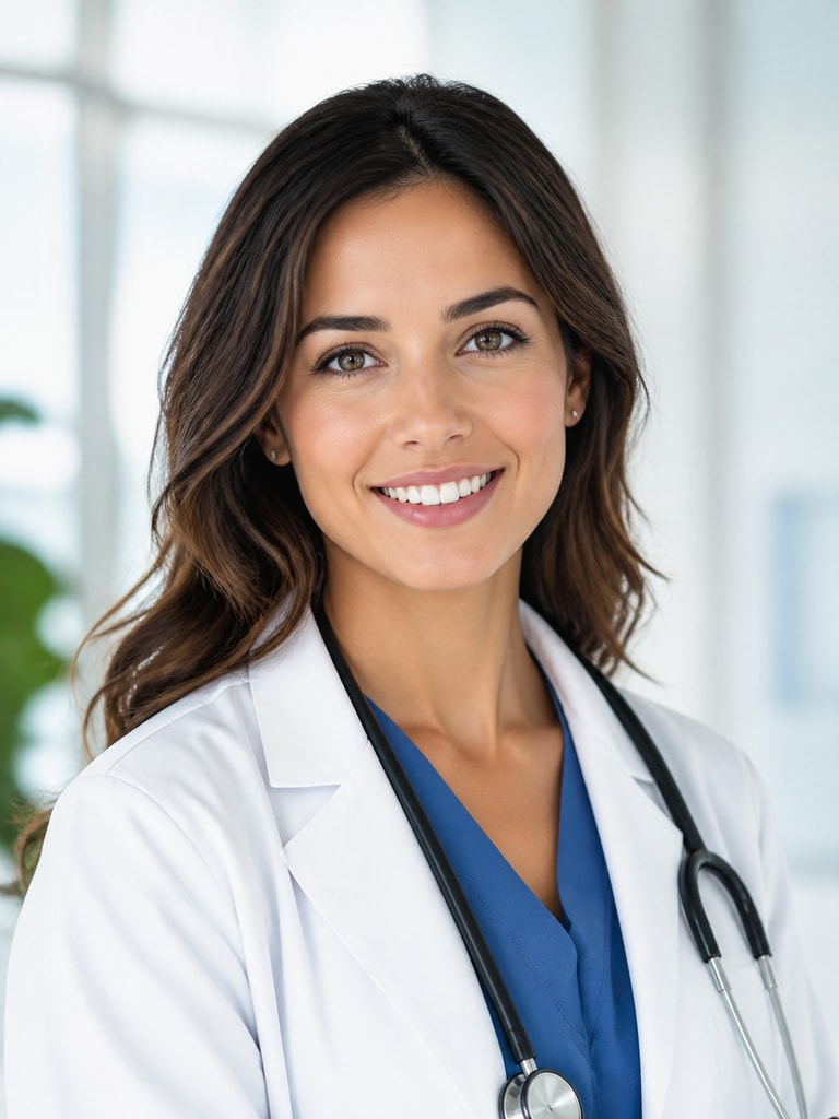 AI pediatric doctor headshot for patient education materials with approachable expression and bright clinical setting