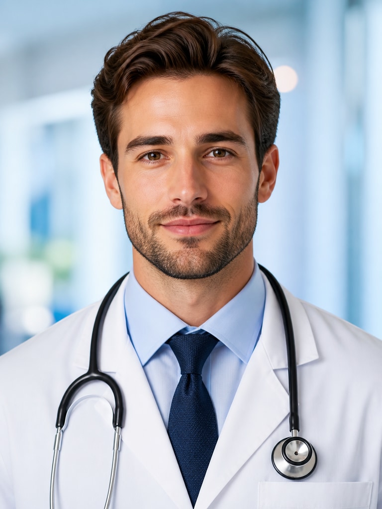 AI doctor headshot for a medical conference speaker bio with polished suit and confident presentation style