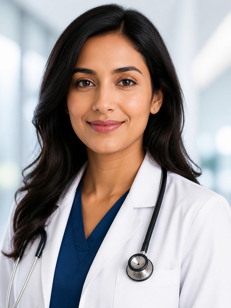 AI private practice physician headshot for a healthcare ad with friendly eye contact and premium portrait lighting