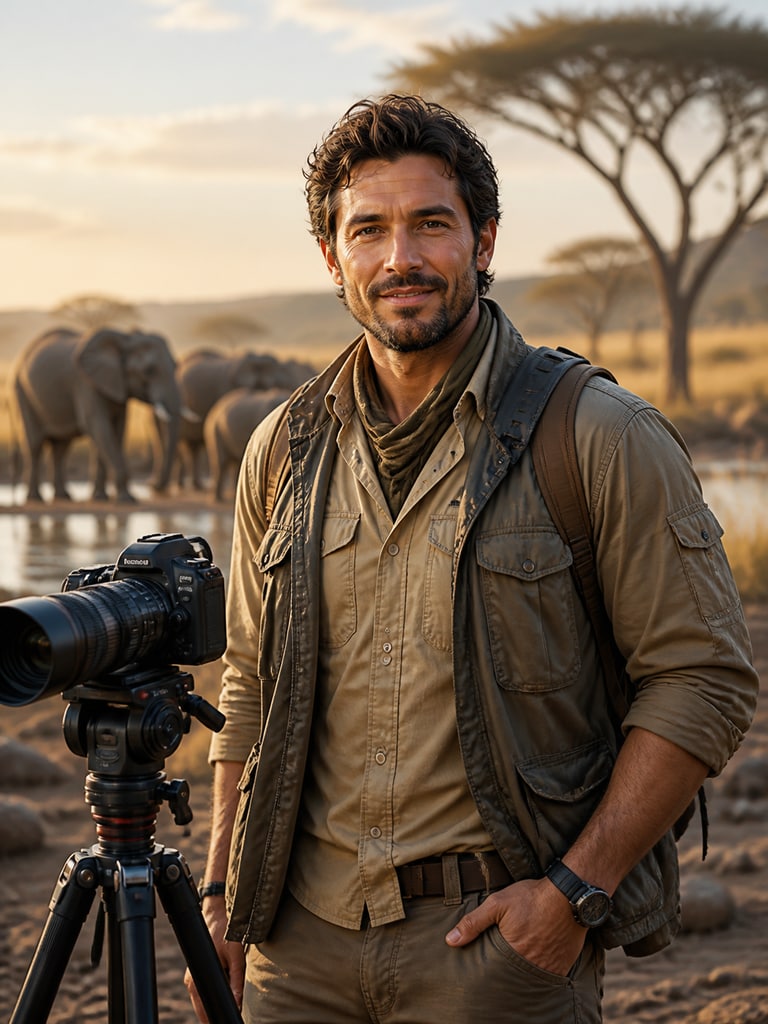 AI dream job photo of an adult wildlife documentary host in an outdoor expedition look