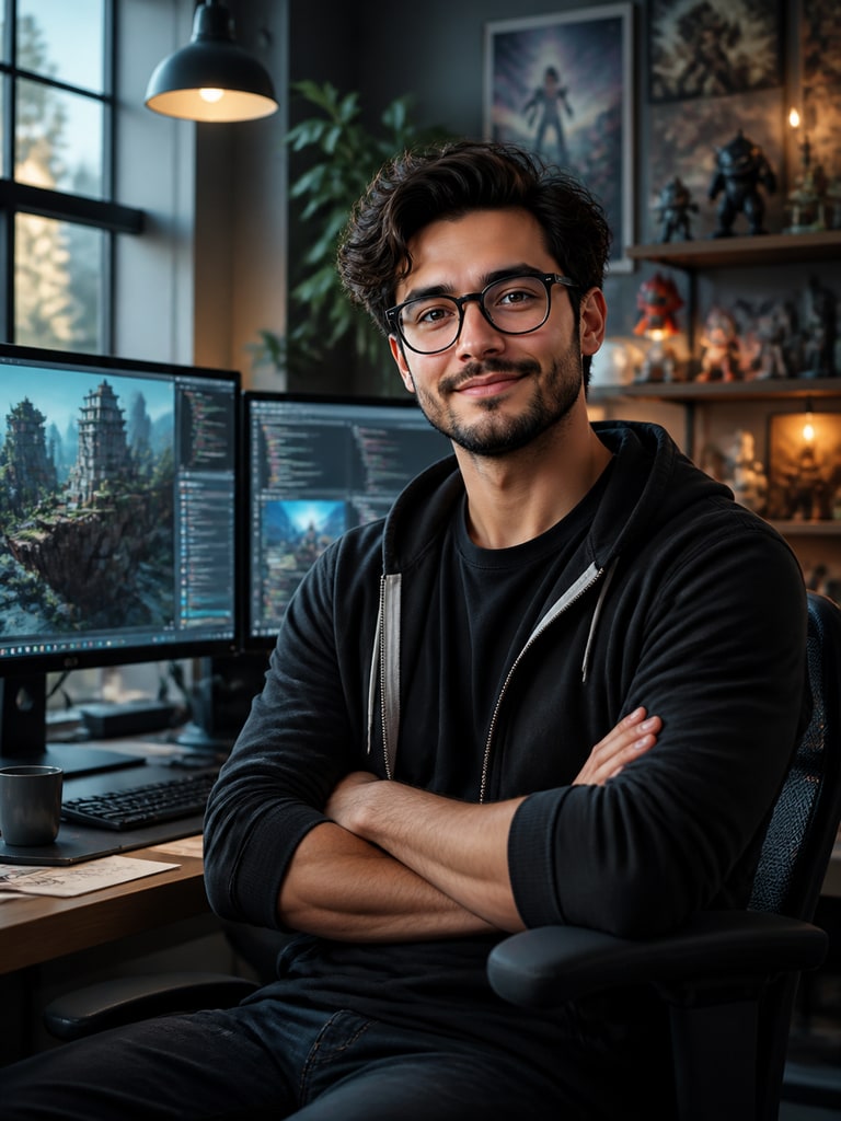 AI dream job photo of an adult indie game studio founder with creative tech workspace styling