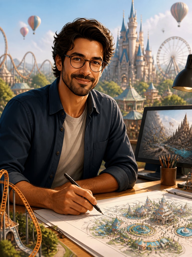 AI dream job photo of an adult theme park experience designer with imaginative concept art styling