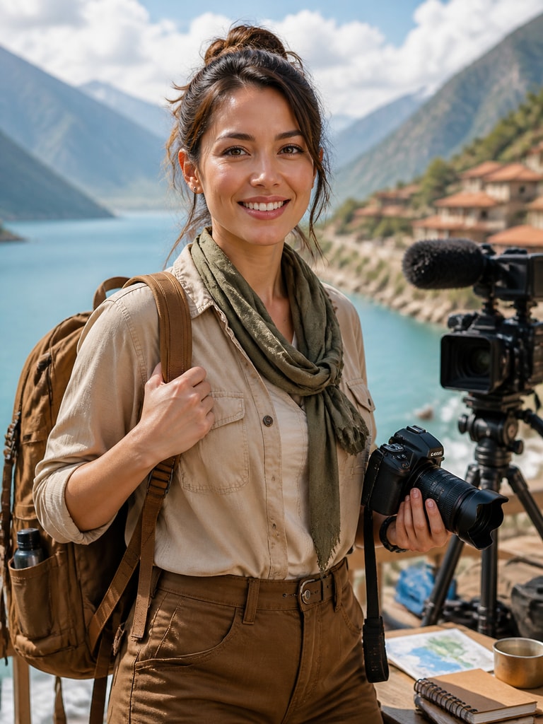 AI dream job photo of an adult travel show producer with confident on-camera creator styling