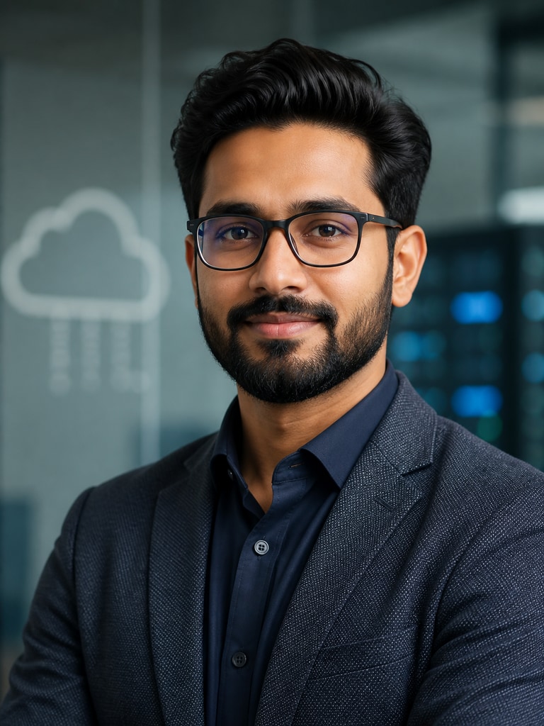 AI engineer headshot styled for a cloud engineer LinkedIn bio