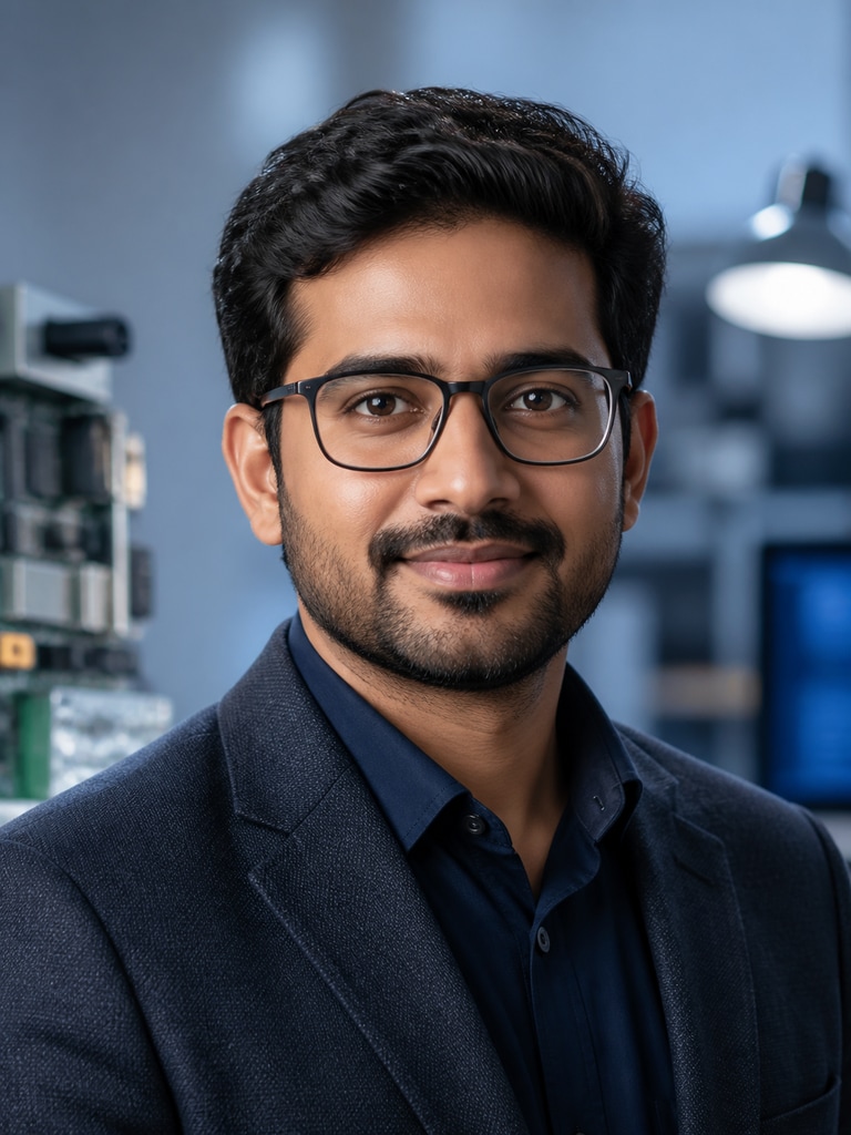 AI engineer headshot for a hardware engineer speaker profile card
