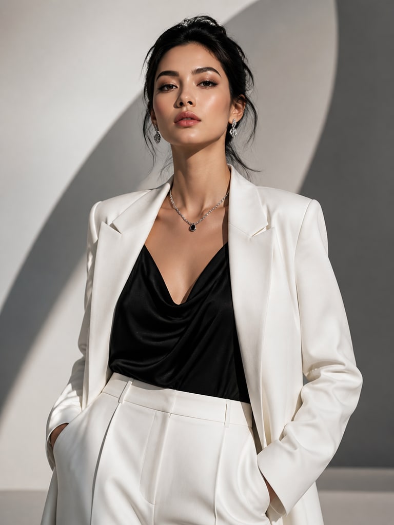 AI fashion model character in luxury editorial styling with monochrome wardrobe and clean studio pose