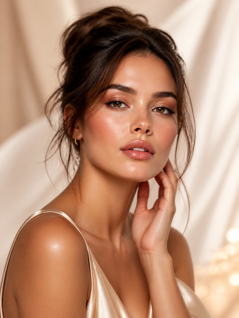 AI fashion model character designed for beauty campaign visuals with soft glam makeup and polished styling