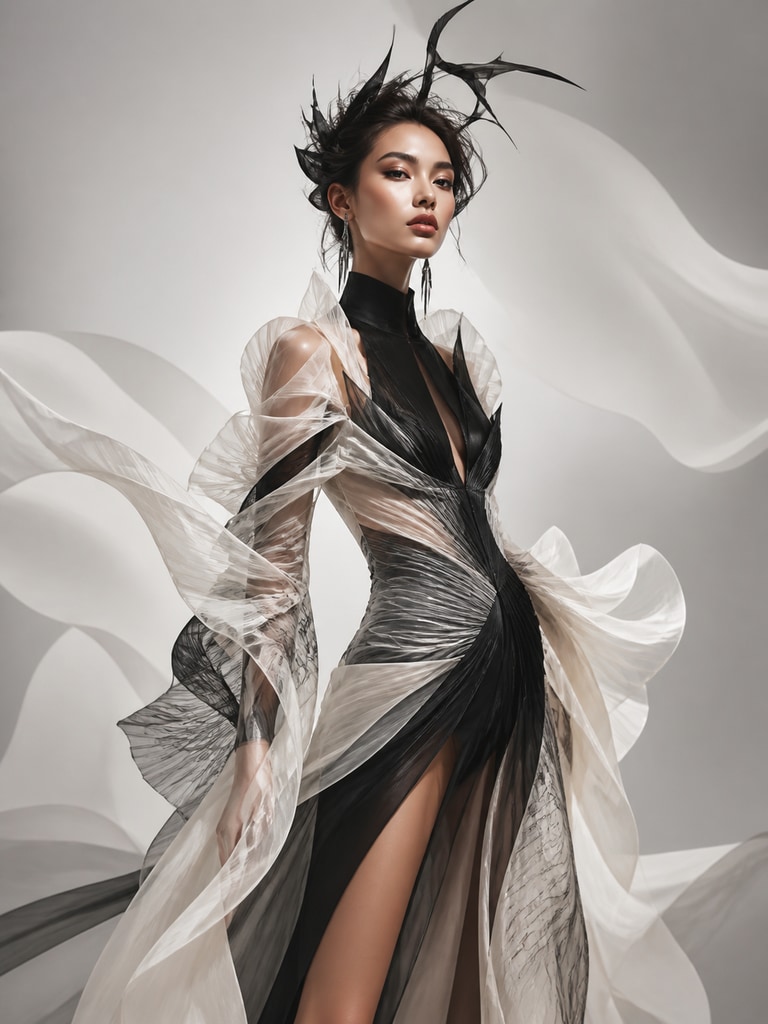 AI fashion model character with avant-garde runway styling for concept art and mood board use