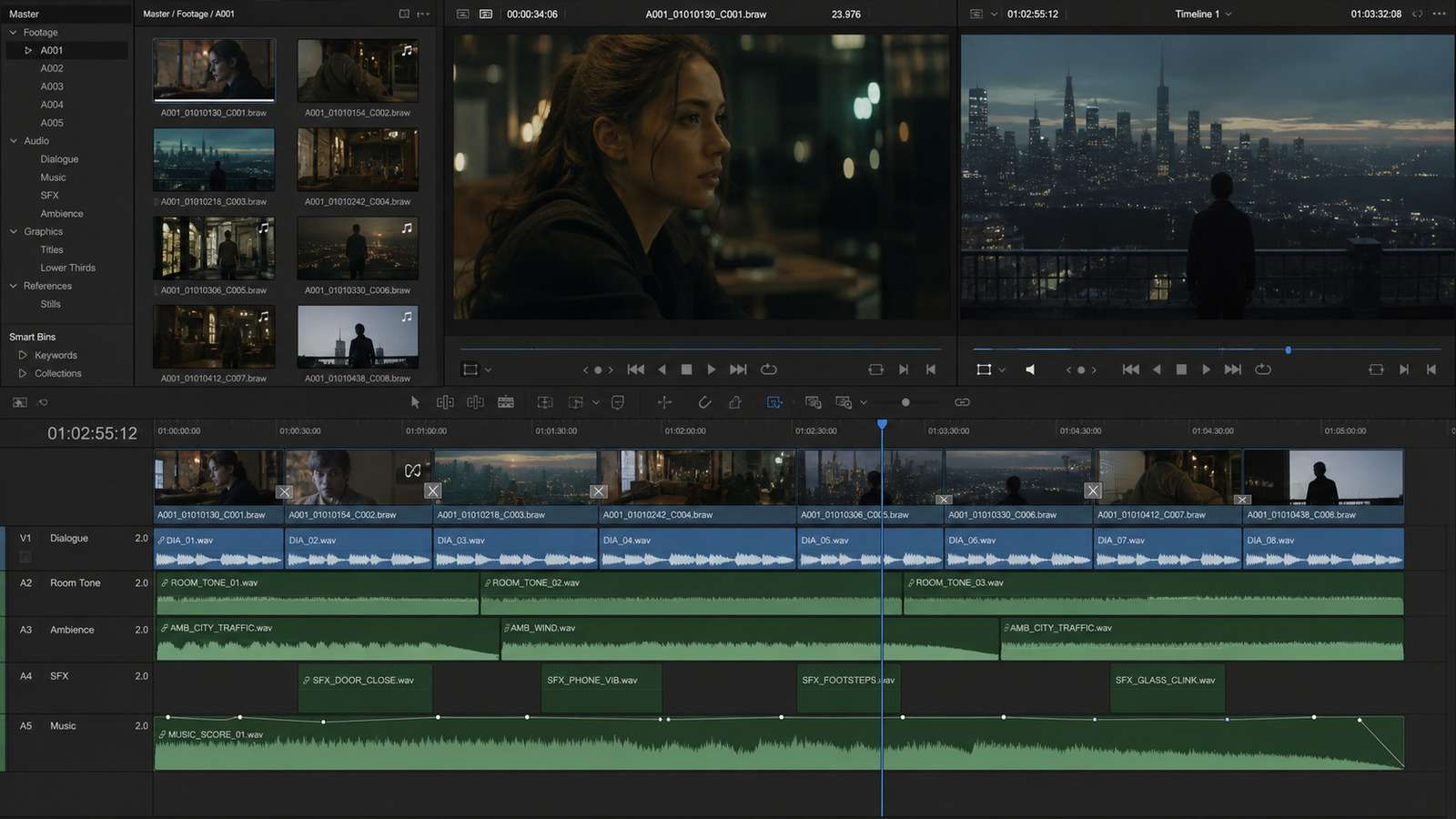Film timeline layering dialogue room tone ambience spot effects transitions and music under generated shots