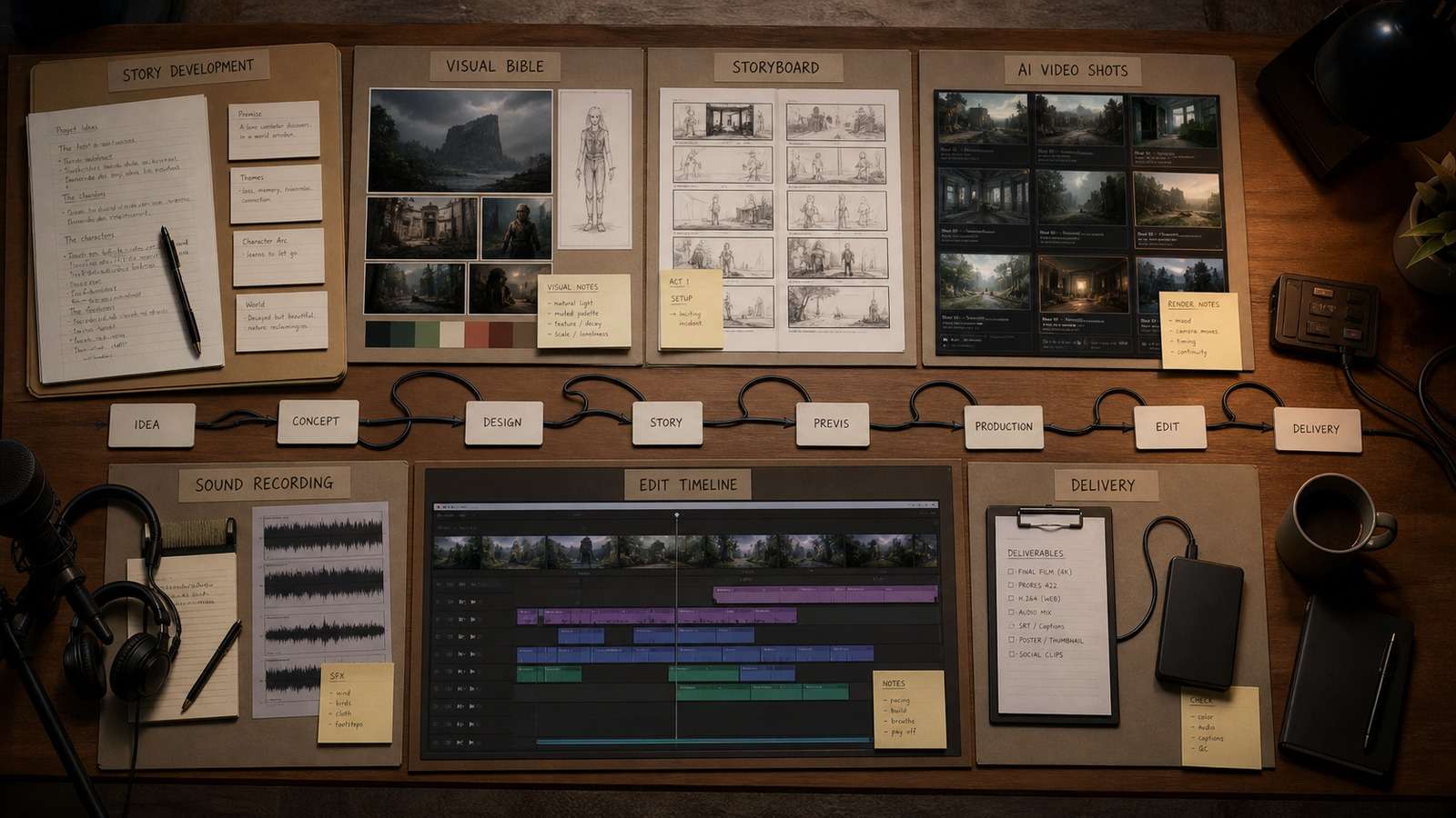 Detailed tool stack map connecting development preproduction generation audio postproduction and delivery