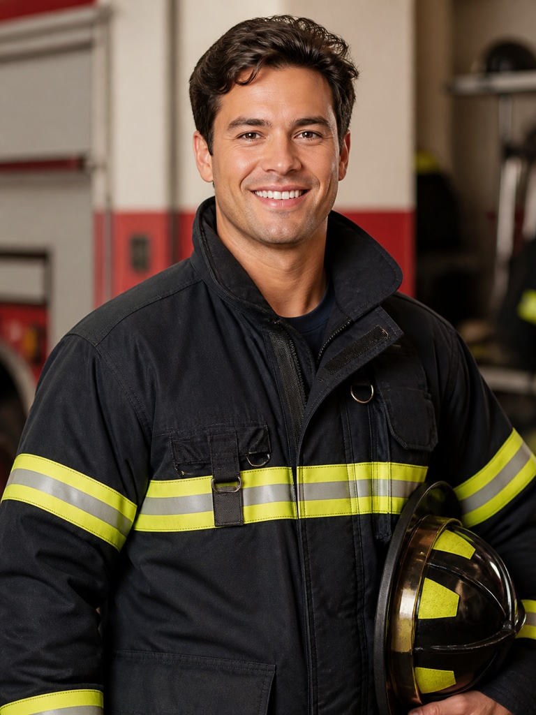AI firefighter headshot for a volunteer recruit profile with a friendly, confident studio portrait