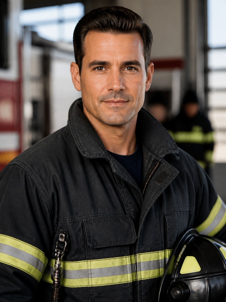 Respectful firefighter headshot for a station directory with a clean uniform and neutral background