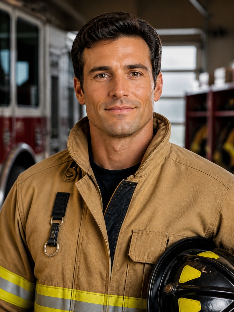Professional firefighter portrait for a recruitment campaign with strong lighting and department-ready styling