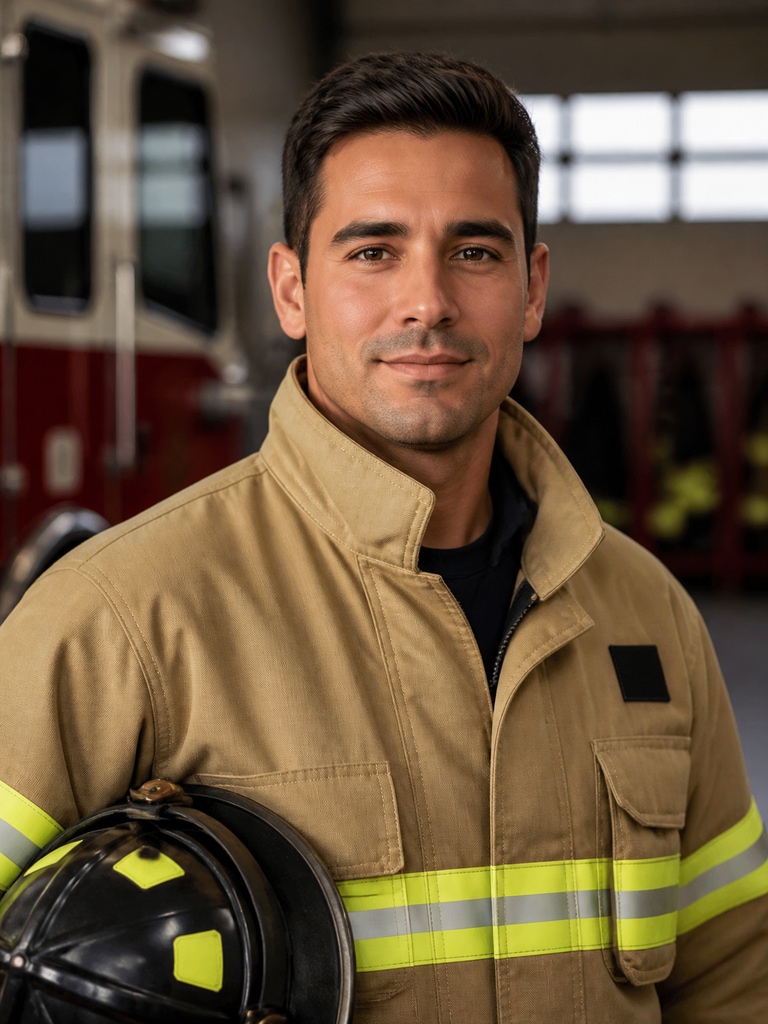 Fictional firefighter headshot for a public safety biography with a polished and trustworthy appearance