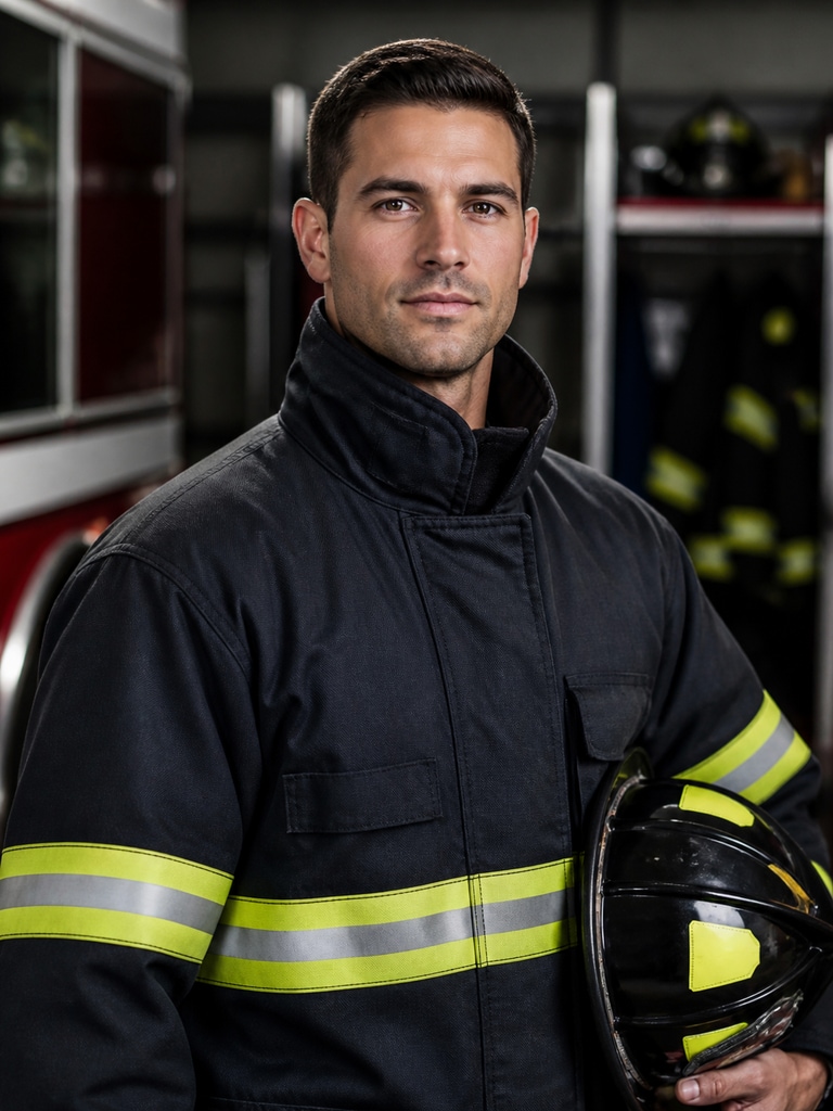 AI-generated firefighter headshot for a training program profile with a focused, professional expression