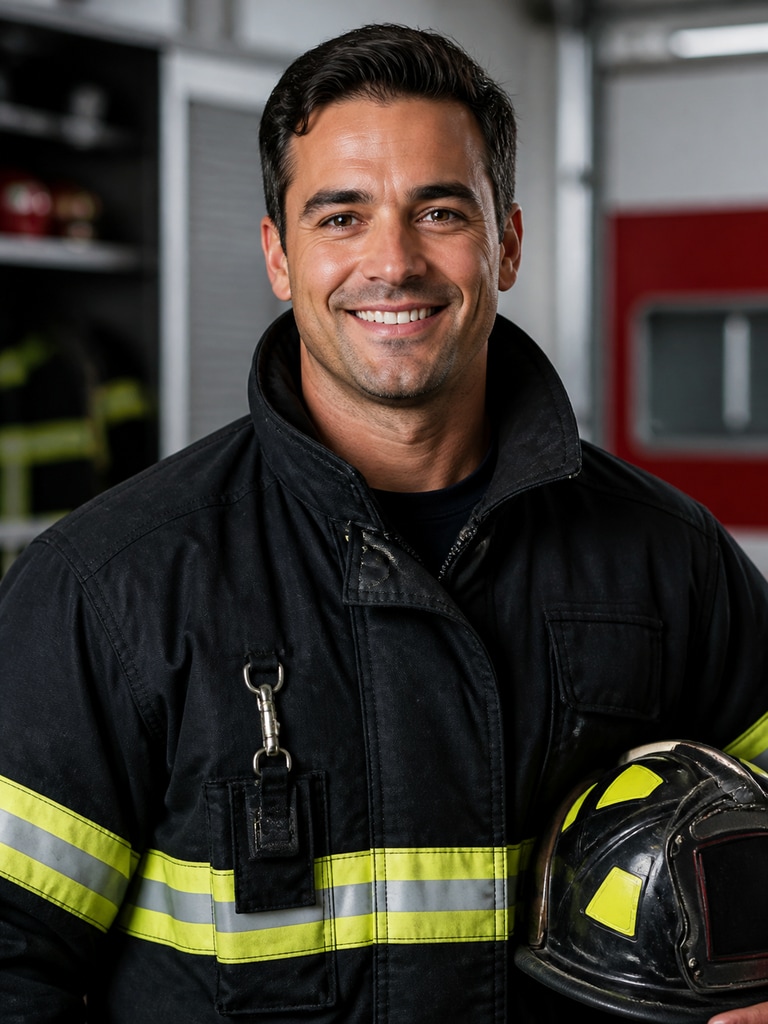 Firefighter headshot for a community outreach speaker card with a warm, approachable presentation