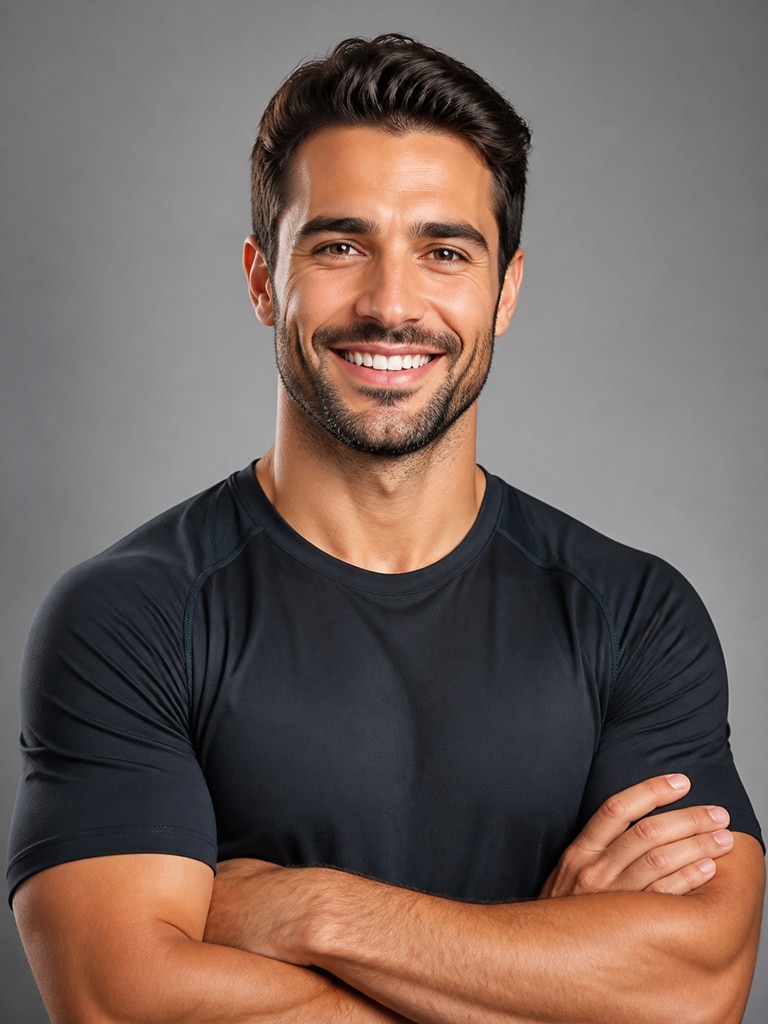 AI fitness coach headshot of an adult online personal trainer with a clean studio background