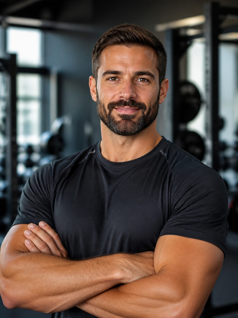 AI strength coach headshot of an adult trainer in athletic wear with a premium gym backdrop