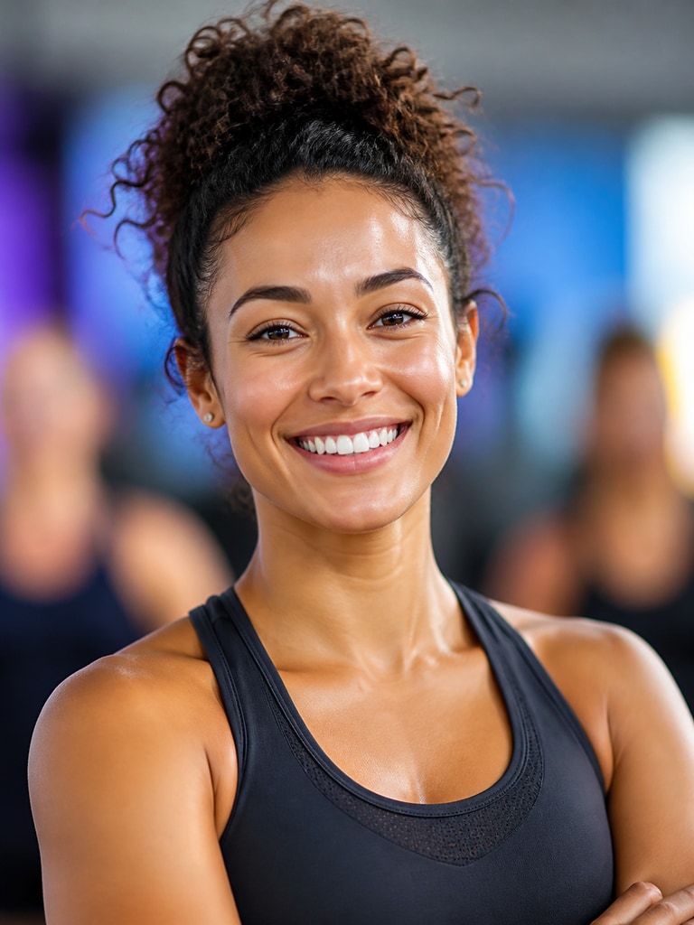 AI group fitness instructor headshot of an adult coach with energetic expression for social media