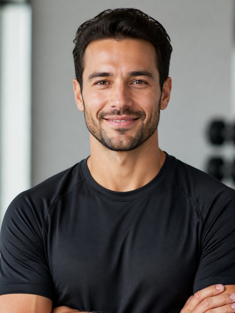 AI fitness app coach headshot of an adult trainer with friendly expression for onboarding visuals