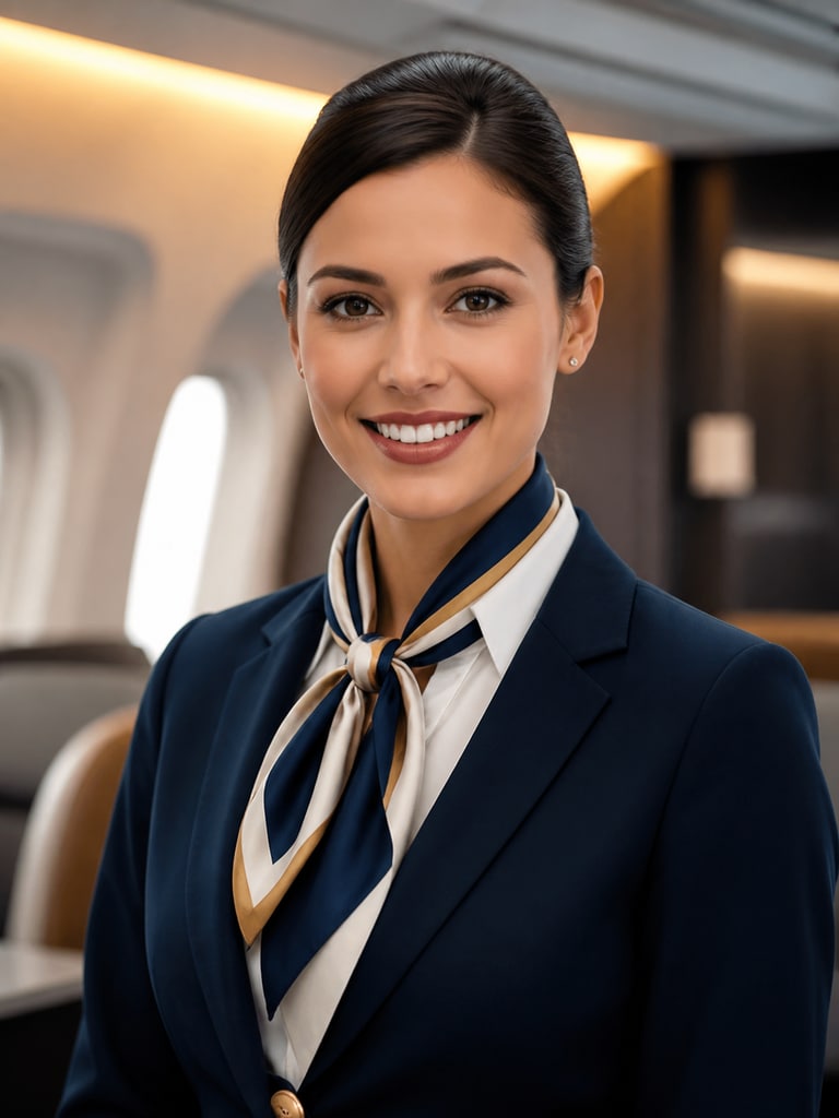 AI-generated cabin crew resume portrait with a crisp uniform look and professional studio lighting