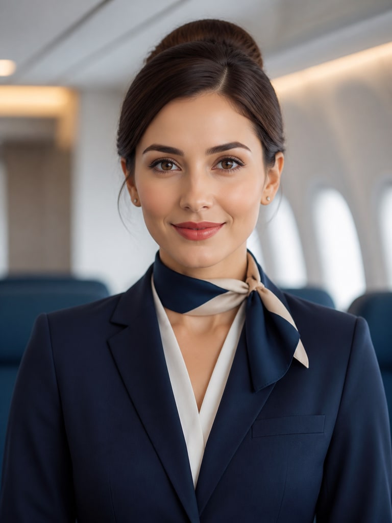 AI-generated airline interview headshot with a calm expression, tidy grooming, and a neutral background