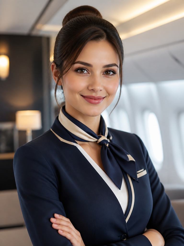AI-generated recruiting page portrait for a flight attendant with a confident pose and clean corporate style