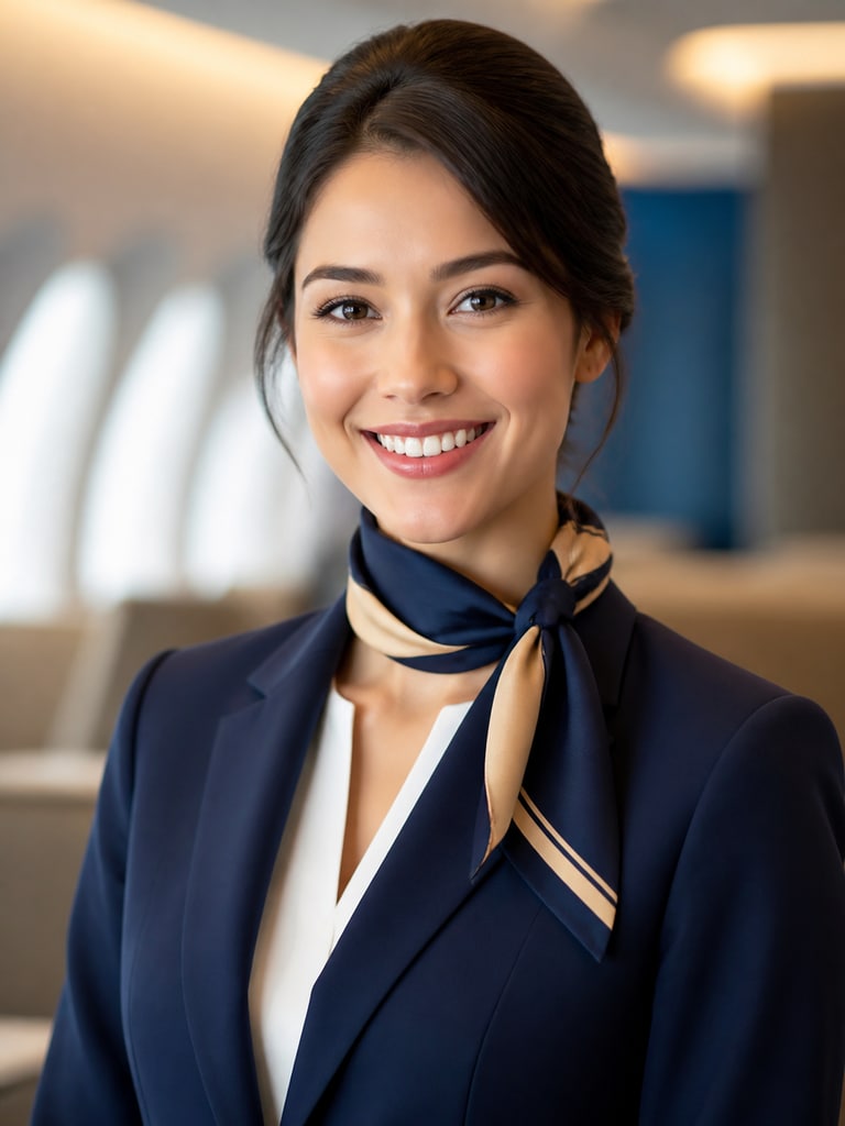 AI-generated crew bio image showing a flight attendant in a modern aviation-inspired portrait
