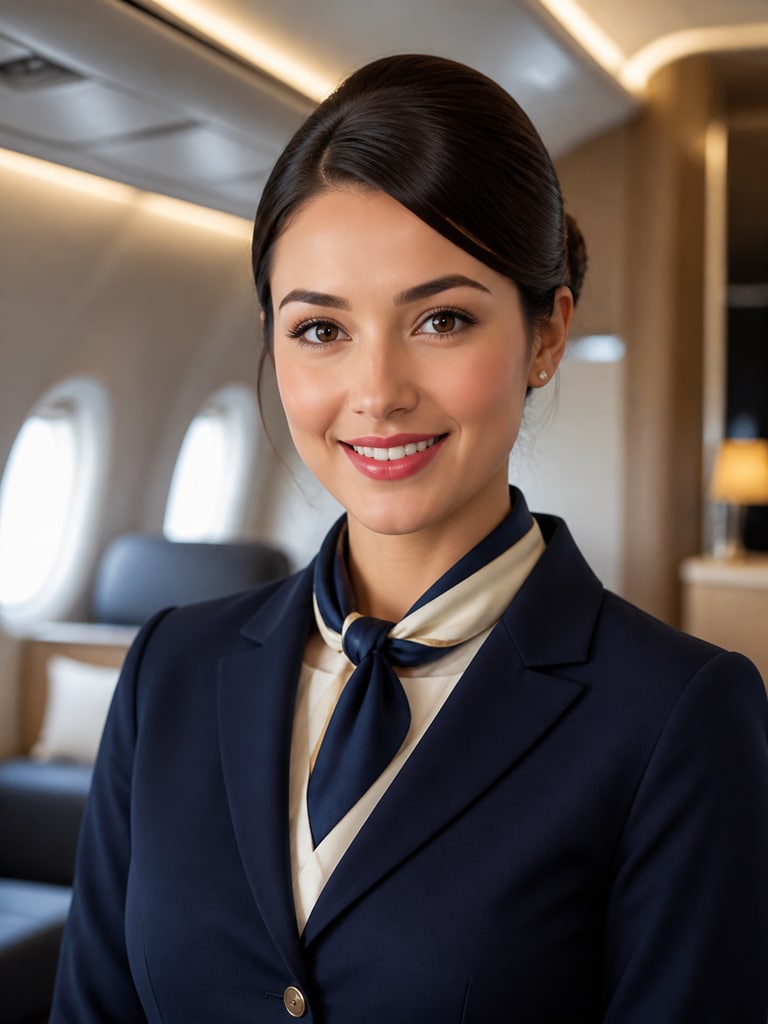 AI-generated training program profile portrait for an aspiring cabin crew member in a professional setting