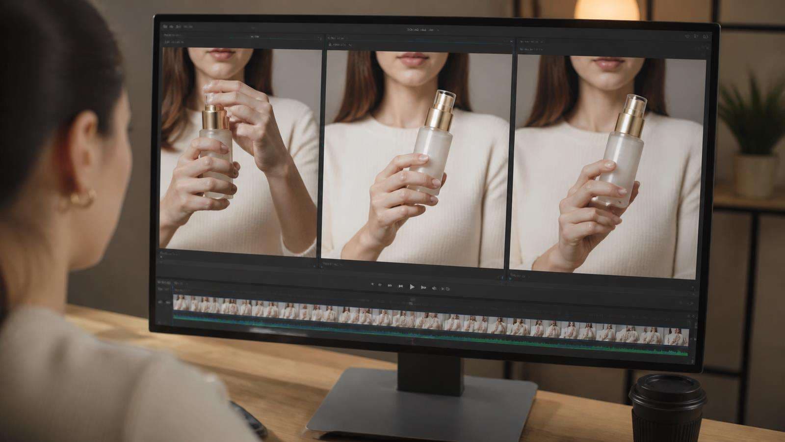 Three realistic UGC iteration frames showing a warped grip, simplified grip, then final corrected interaction with stable product identity