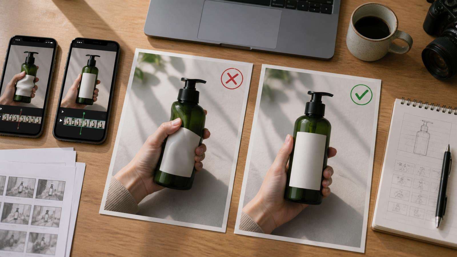 A realistic UGC product ad showing a bad warped product grip next to a corrected natural hand and stable packaging result