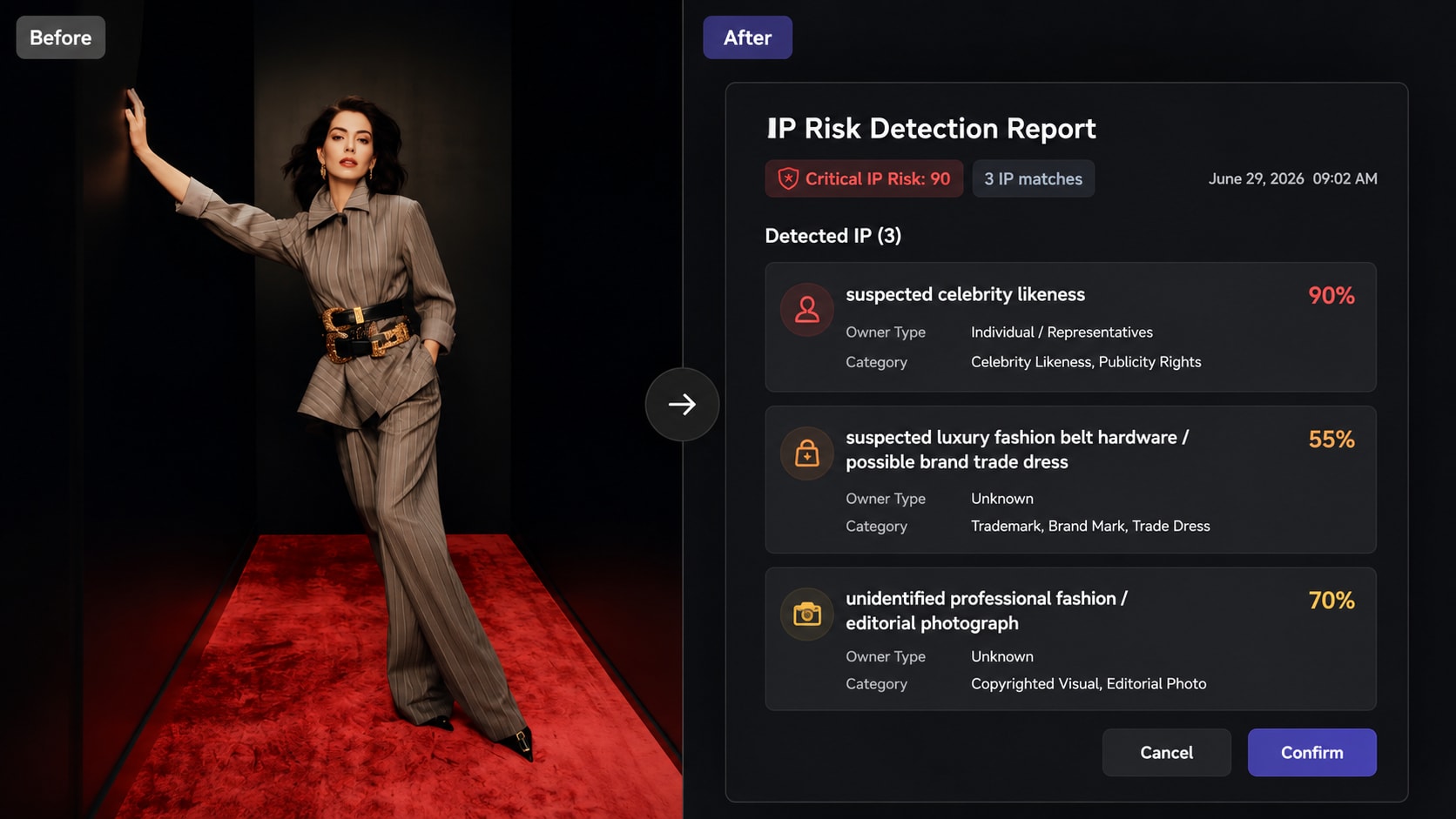 AI Image Copyright Checker before and after risk report preview