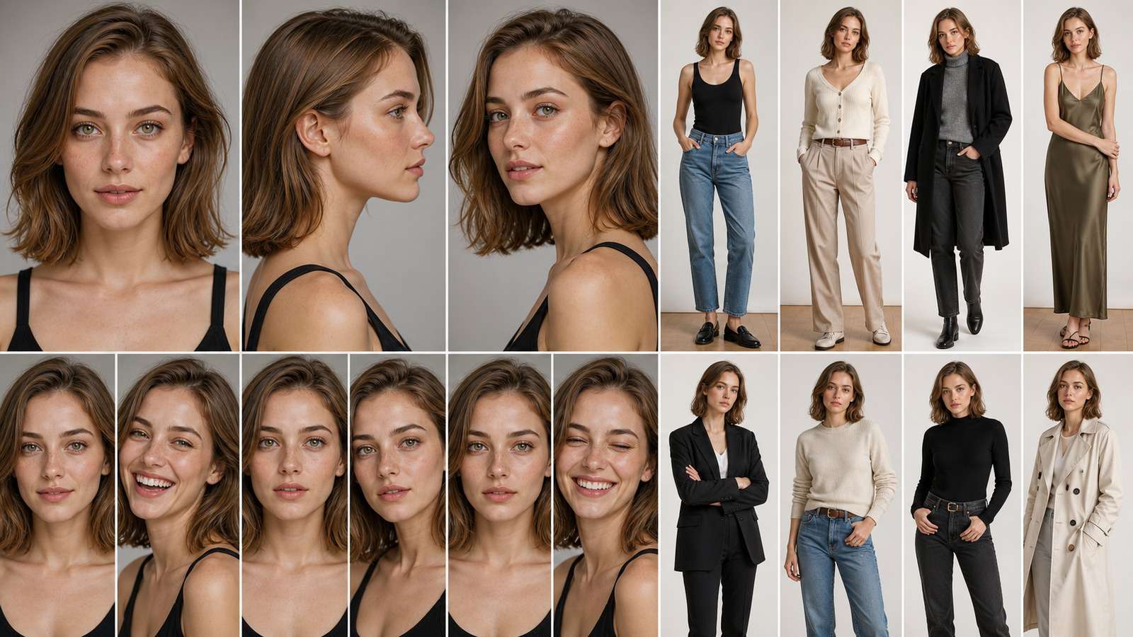 Consistent Western virtual influencer identity sheet created for multi-scene production