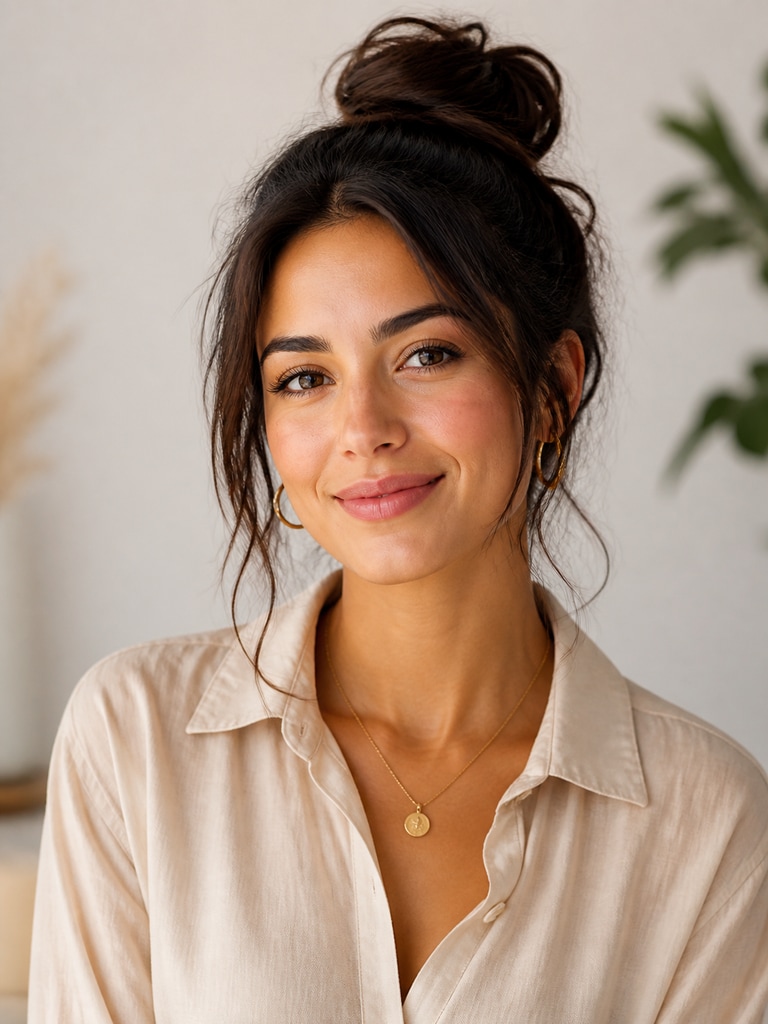 Lifestyle creator style AI influencer headshot for an adult profile bio with soft studio lighting and a clean background