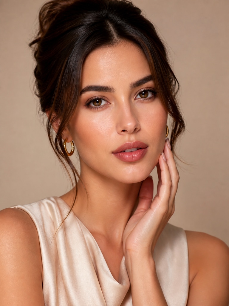 Beauty campaign AI influencer headshot of an adult fictional creator with polished makeup and premium editorial lighting
