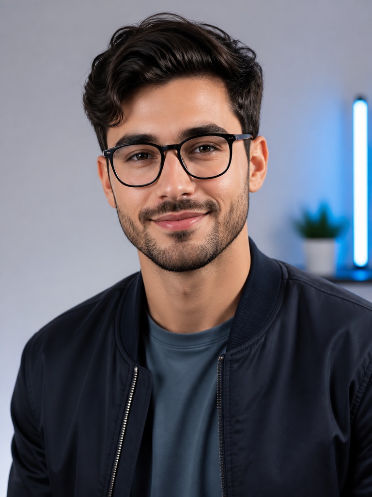 Tech reviewer AI influencer headshot for an adult creator avatar with smart casual styling and a modern neutral backdrop