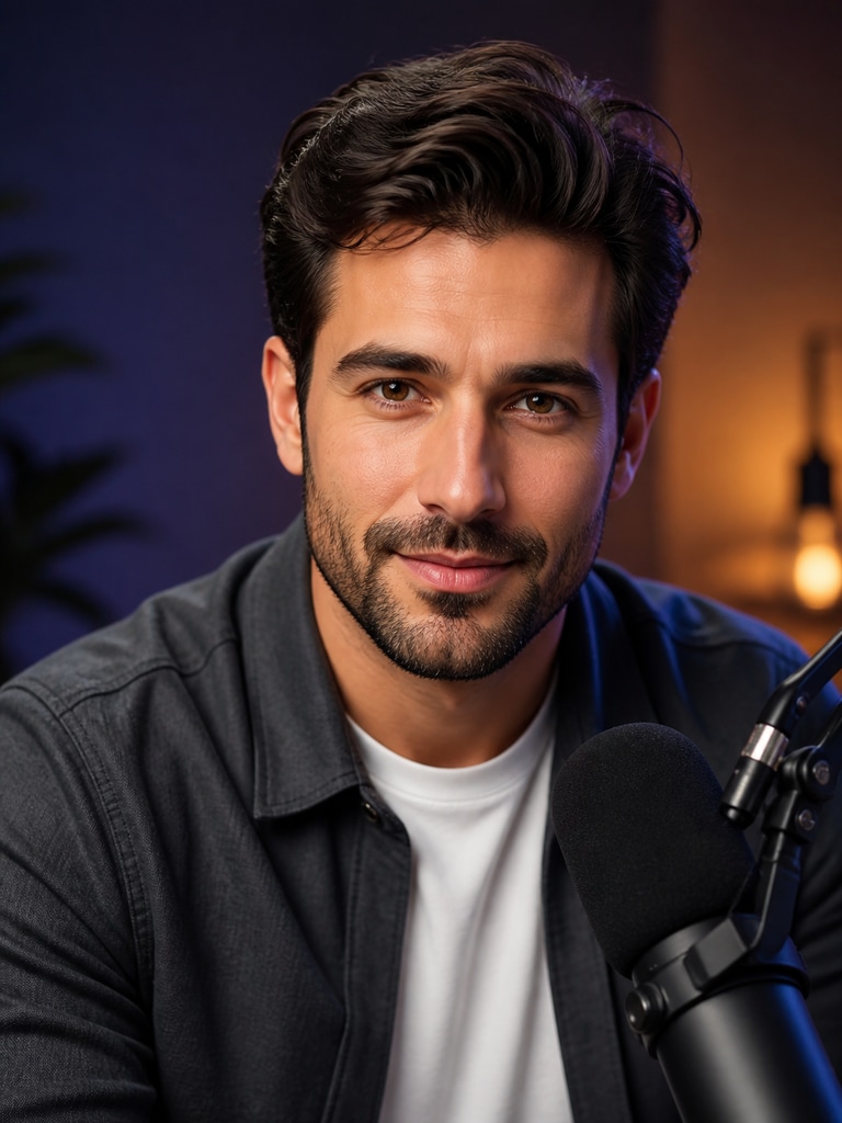 Podcast host AI influencer headshot for an adult creator thumbnail with expressive eye contact and studio-quality lighting