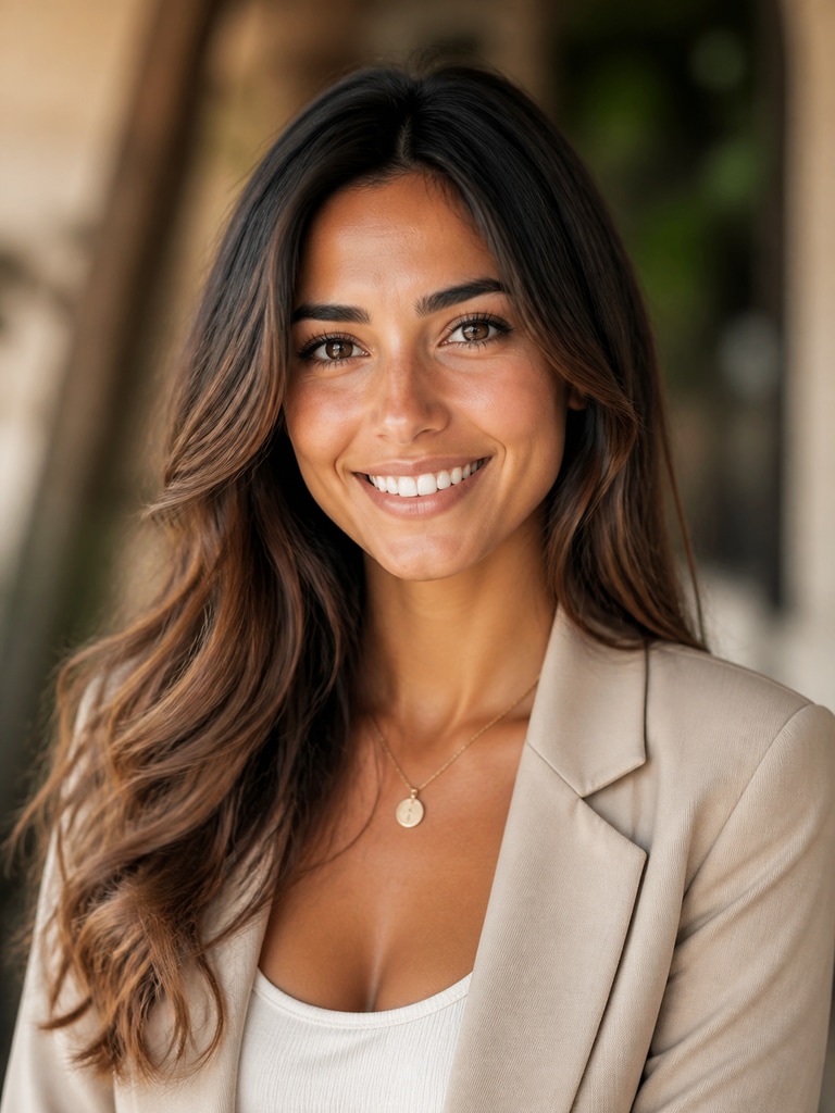 Travel creator AI influencer headshot for an adult media kit with refined wardrobe, warm tones, and a professional portrait crop