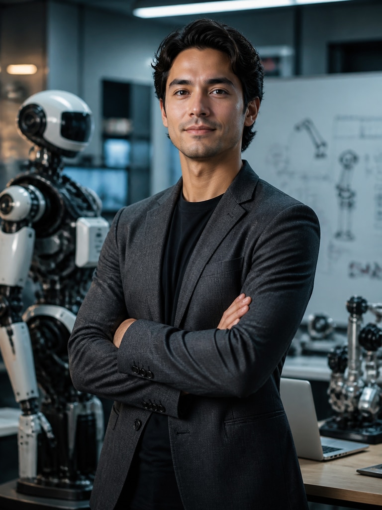 AI-generated adult future-self robotics founder character portrait with sleek lab styling and confident startup energy