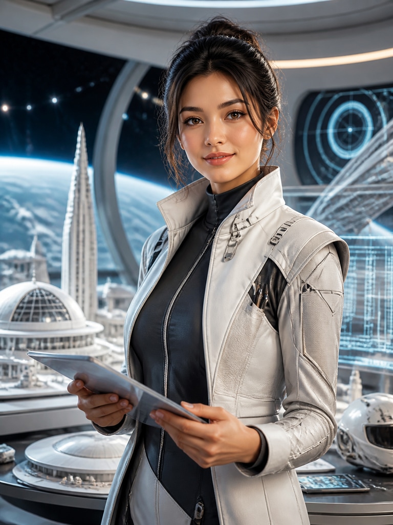 AI-generated adult future-self space architect character portrait with advanced design suit and sci-fi studio backdrop